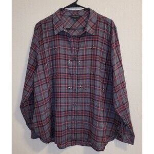 Rock & Republic Women’s Plaid Button Up Shirt Size XL Embellished w /Metal Studs